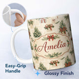 Personalized Custom Name Elegant Christmas Gift Boxes Pine Branch Red Bow Seamless Pattern 11oz Ceramic Coffee Tea Mug White Large Handle