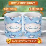 Personalized Custom Name Cute Dolphin Stingray Starfish Cartoon Sea Life Pattern Blue Lovely 11oz Ceramic Coffee Tea Mug White Large Handle