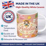 Personalized Custom Name Cute Farm Animals Girl Pig Cow Chicken Peach Background Seamless 11oz Ceramic Coffee Tea Mug White Large Handle