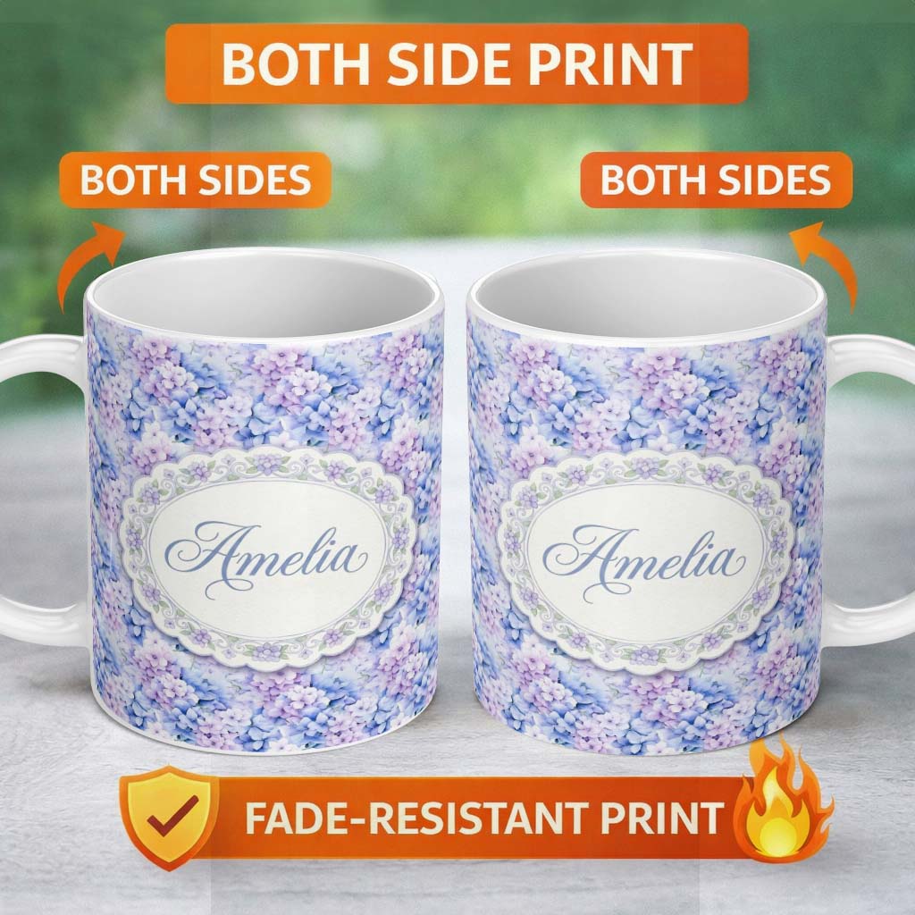 Personalized Custom Name Dreamy Lavender Blue Hydrangea Floral Seamless Pattern Lovely 11oz Ceramic Coffee Tea Mug White Large Handle
