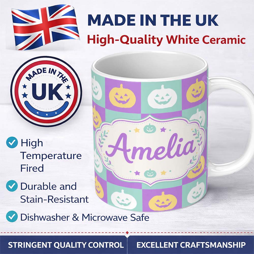 Personalized Custom Name Pastel Pumpkin Checkerboard Soft Halloween Seamless Pattern UK Name 11oz Ceramic Coffee Tea Mug White Large Handle