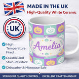 Personalized Custom Name Pastel Pumpkin Checkerboard Soft Halloween Seamless Pattern UK Name 11oz Ceramic Coffee Tea Mug White Large Handle