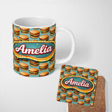 Personalized Custom Name Cute Flat Burger Seamless Pattern Teal Background Fast Food Design 11oz Ceramic Coffee Tea Mug White Large Handle