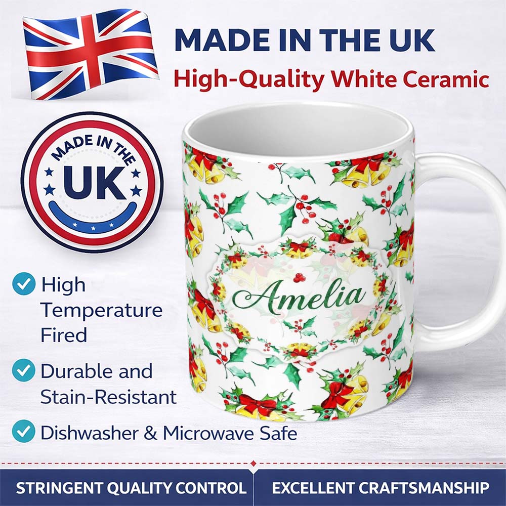 Personalized Custom Name Watercolor Christmas Bells Holly Berry Festive Seamless Pattern 11oz Ceramic Coffee Tea Mug White Large Handle