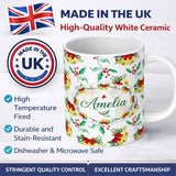 Personalized Custom Name Watercolor Christmas Bells Holly Berry Festive Seamless Pattern 11oz Ceramic Coffee Tea Mug White Large Handle