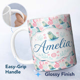 Personalized Custom Name Playful Blue Seal Characters Minimal Fun Repeat Seamless Pattern 11oz Ceramic Coffee Tea Mug White Large Handle