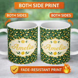 Personalized Custom Name Decorative Lemon and Citrus Slice Deep Green Background Design 11oz Ceramic Coffee Tea Mug White Large Handle
