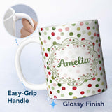 Personalized Custom Name Festive Red Green Watercolor Polka Dot Seamless Pattern Christmas 11oz Ceramic Coffee Tea Mug White Large Handle