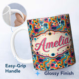Personalized Custom Name Vibrant Abstract Organic Shapes Seamless Pattern Bold Colorful 11oz Ceramic Coffee Tea Mug White Large Handle