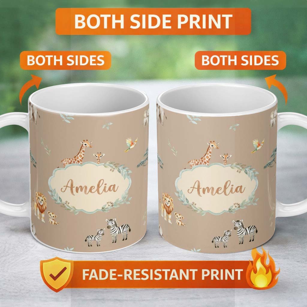 Personalized Custom Name Cute Safari Animals Giraffe Lion Zebra on Beige Background Seamless 11oz Ceramic Coffee Tea Mug White Large Handle