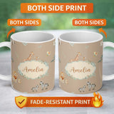 Personalized Custom Name Cute Safari Animals Giraffe Lion Zebra on Beige Background Seamless 11oz Ceramic Coffee Tea Mug White Large Handle