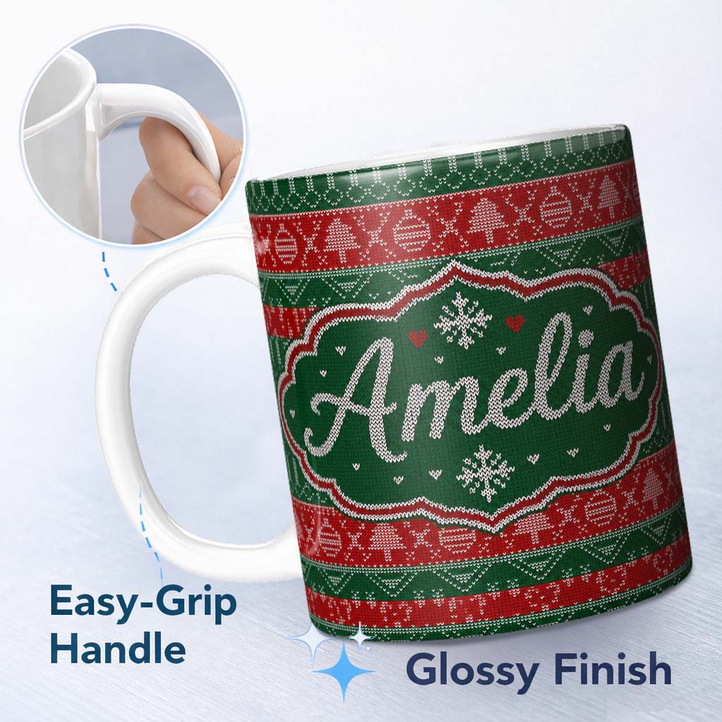 Personalized Custom Name Red Green Nordic Christmas Ornament Tree Heart Knit Seamless Pattern 11oz Ceramic Coffee Tea Mug White Large Handle
