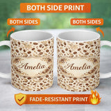 Personalized Custom Name Vintage Coffee Beans and Leaves Beige Seamless Pattern Lovely 11oz Ceramic Coffee Tea Mug White Large Handle