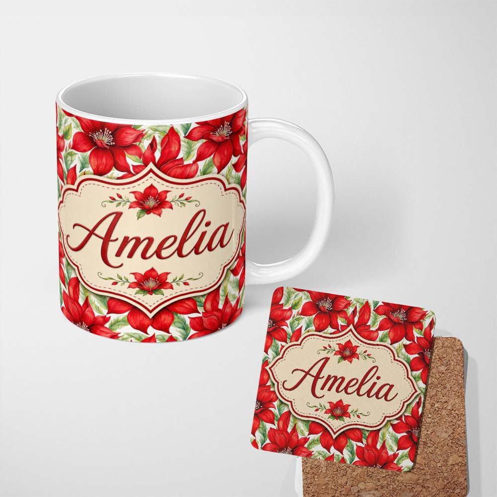 Personalized Custom Name Watercolor Red Floral Bloom White Background Seamless Pattern Lovely 11oz Ceramic Coffee Tea Mug White Large Handle