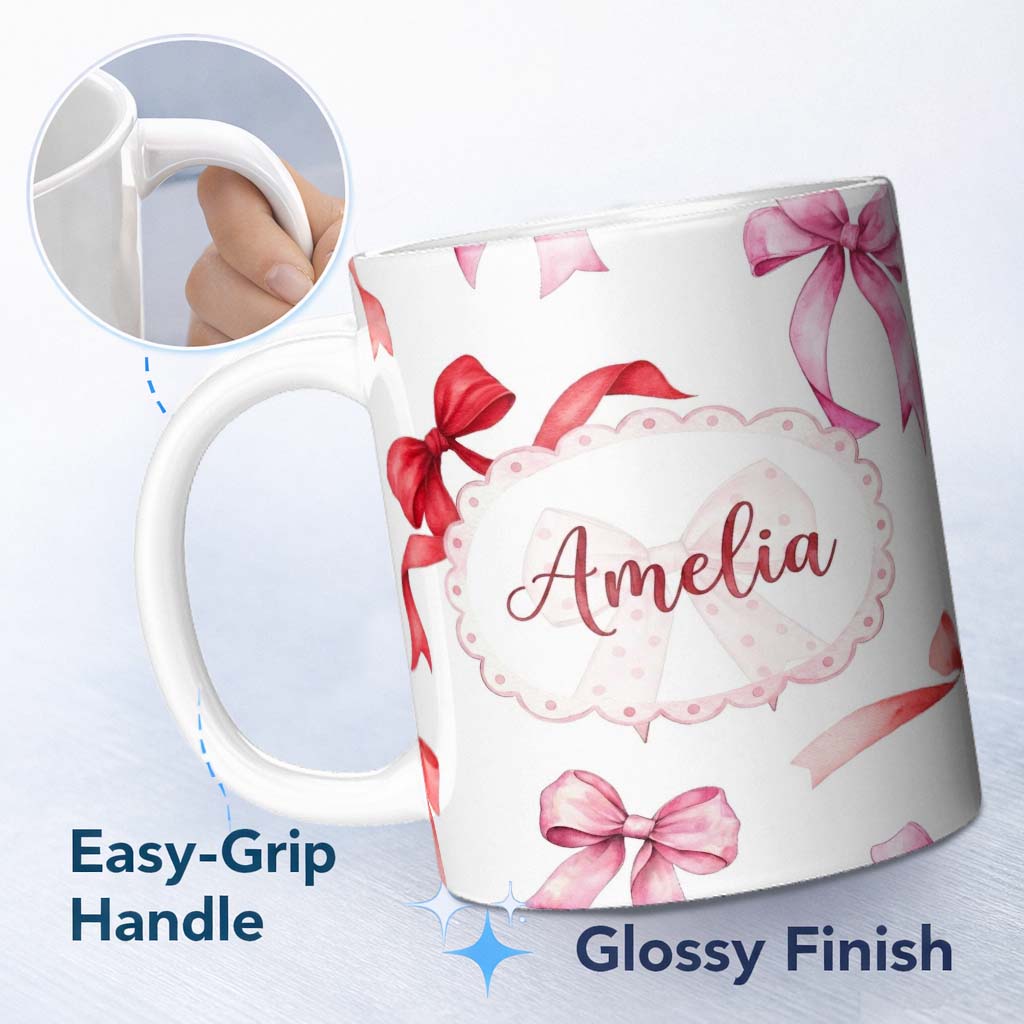 Personalized Custom Name Watercolor Red Pink Ribbon Bows Light Grey Background Cute Girly 11oz Ceramic Coffee Tea Mug White Large Handle