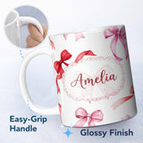 Personalized Custom Name Watercolor Red Pink Ribbon Bows Light Grey Background Cute Girly 11oz Ceramic Coffee Tea Mug White Large Handle
