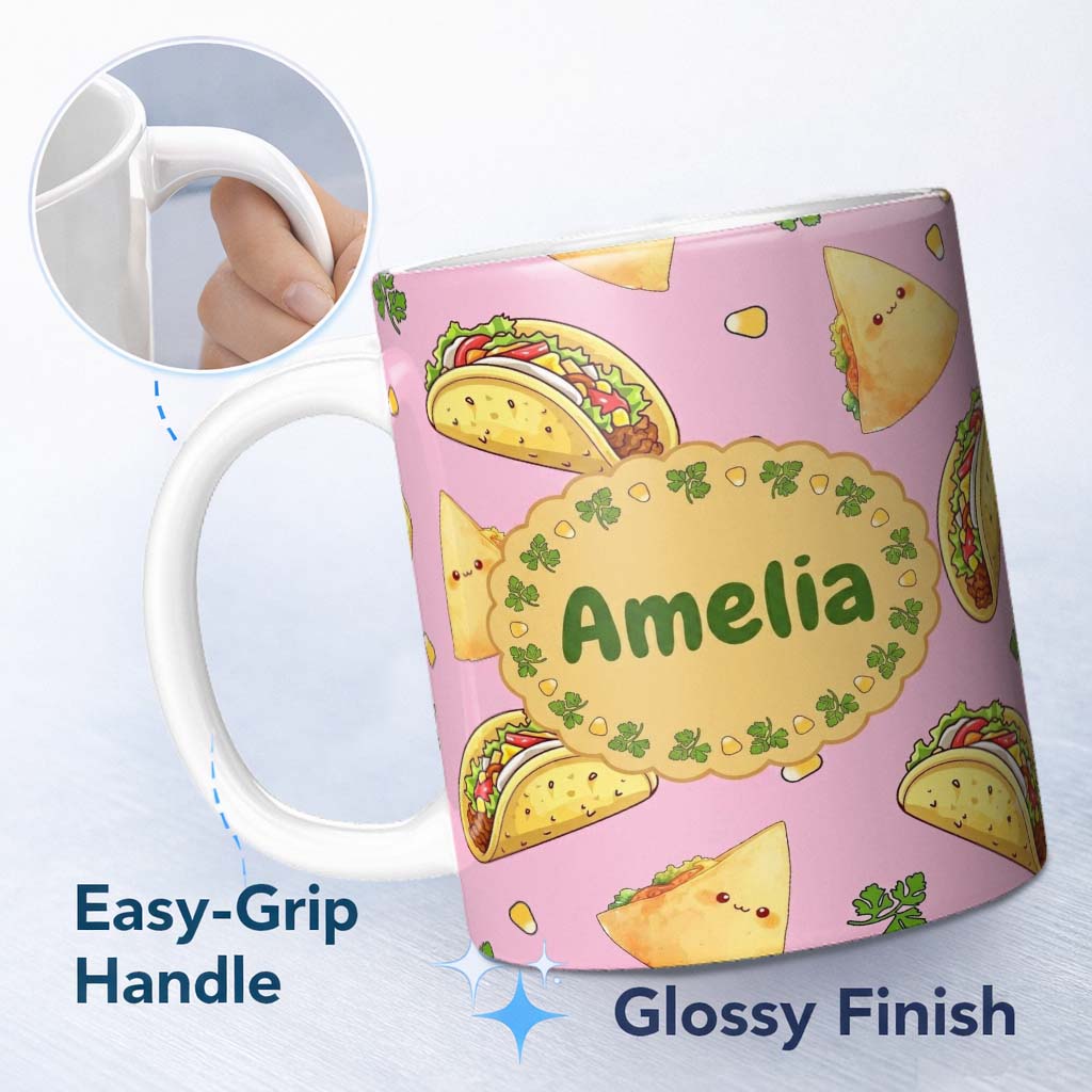 Personalized Custom Name Cute Kawaii Tacos and Wraps Seamless Pattern Bright Pink Background 11oz Ceramic Coffee Tea Mug White Large Handle
