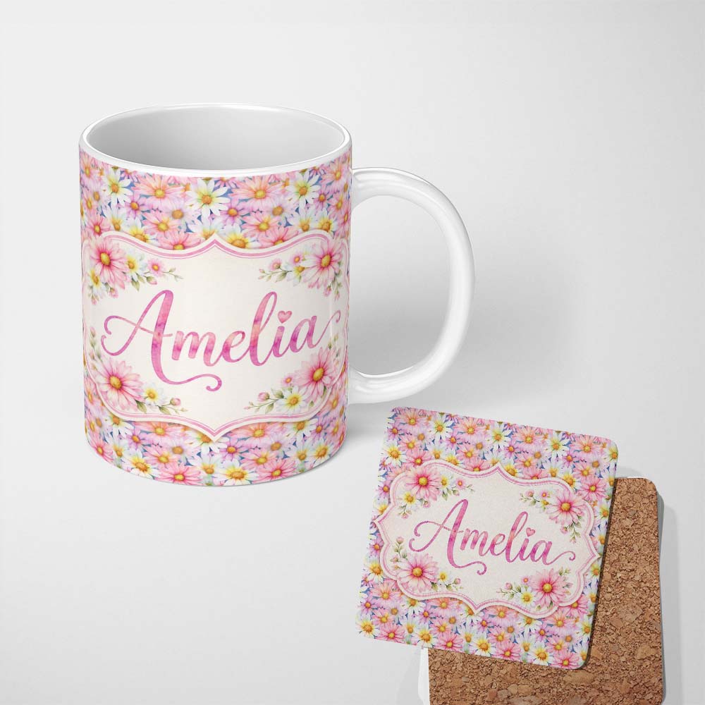 Personalized Custom Name Pastel Pink and Yellow Daisy Floral Seamless Pattern Lovely 11oz Ceramic Coffee Tea Mug White Large Handle