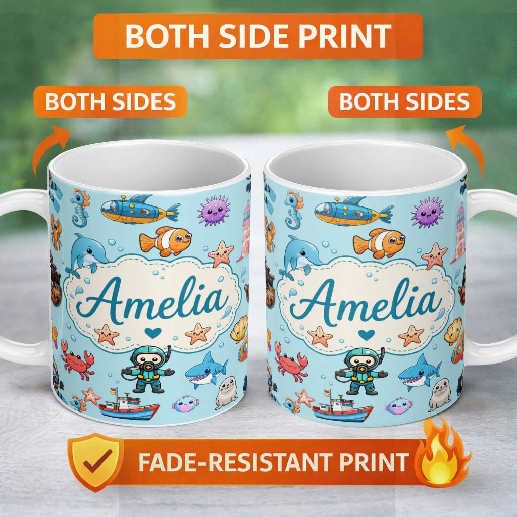 Personalized Custom Name Cartoon Ocean with various sea Creatures Sea Creatures on Aqua Blue 11oz Ceramic Coffee Tea Mug White Large Handle