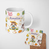 Personalized Custom Name Cute Farm Girl Pig Cow Chicken Corn Milk White Background Seamless 11oz Ceramic Coffee Tea Mug White Large Handle