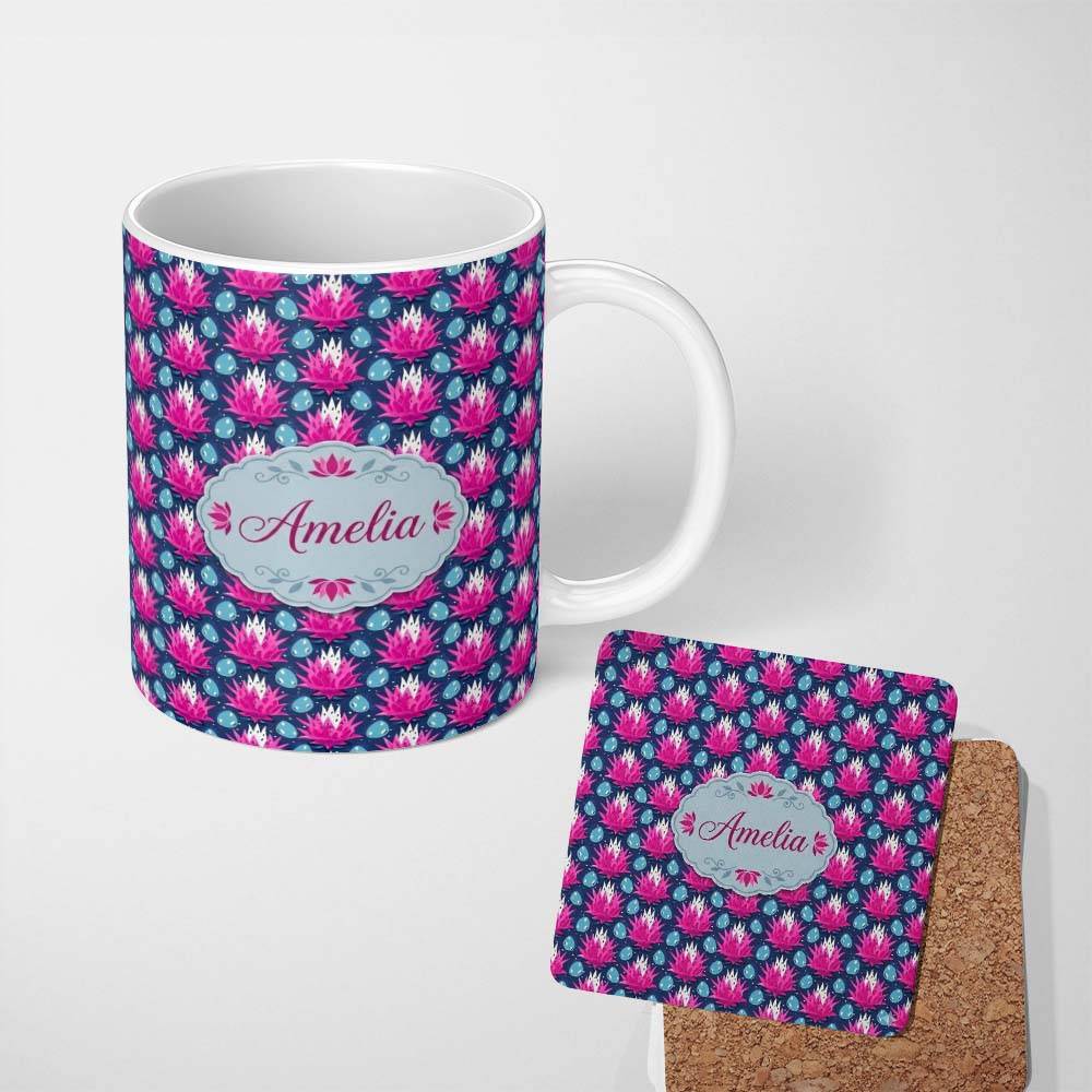 Personalized Custom Name Pink Lotus Flower and Seed Pods Seamless Pattern Cute Unique Gift 11oz Ceramic Coffee Tea Mug White Large Handle