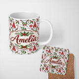 Personalized Custom Name Watercolor Christmas Gnome Candy Cane Lollipop Seamless Pattern 11oz Ceramic Coffee Tea Mug White Large Handle