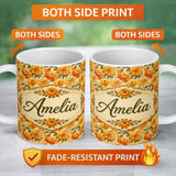 Personalized Custom Name Soft Pastel Orange Floral Pattern with Cream and Sage Tones Lovely 11oz Ceramic Coffee Tea Mug White Large Handle