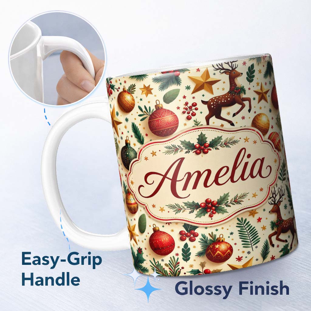 Personalized Custom Name Festive Reindeer Stars Baubles Holly Seamless Pattern Christmas 11oz Ceramic Coffee Tea Mug White Large Handle