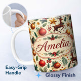 Personalized Custom Name Festive Reindeer Stars Baubles Holly Seamless Pattern Christmas 11oz Ceramic Coffee Tea Mug White Large Handle