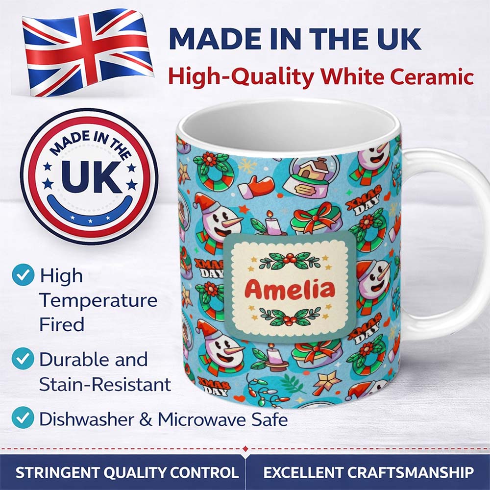 Personalized Custom Name Cute Snowman Xmas Day Gift Candle Seamless Pattern Festive Winter 11oz Ceramic Coffee Tea Mug White Large Handle