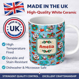 Personalized Custom Name Cute Snowman Xmas Day Gift Candle Seamless Pattern Festive Winter 11oz Ceramic Coffee Tea Mug White Large Handle