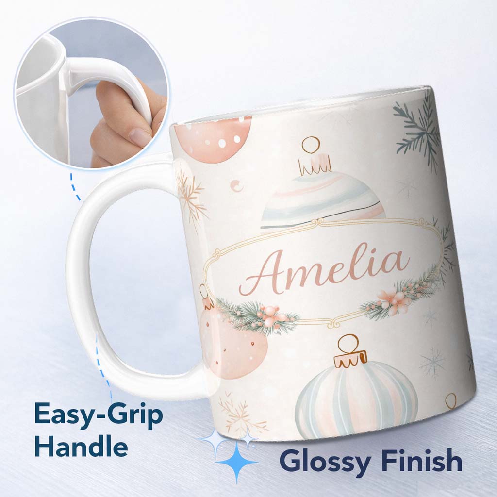 Personalized Custom Name Minimal Pastel Christmas Baubles Seamless Pattern Cute Unique Gift 11oz Ceramic Coffee Tea Mug White Large Handle