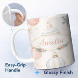 Personalized Custom Name Minimal Pastel Christmas Baubles Seamless Pattern Cute Unique Gift 11oz Ceramic Coffee Tea Mug White Large Handle