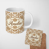 Personalized Custom Name Ornamental Blue Floral Lattice Vintage Seamless Pattern Lovely 11oz Ceramic Coffee Tea Mug White Large Handle