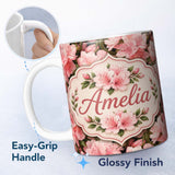 Personalized Custom Name Blush Pink Azalea Bloom Cluster Seamless Pattern Cute Unique Gift 11oz Ceramic Coffee Tea Mug White Large Handle