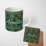Personalized Custom Name Christmas Heart Stripe Scandinavian Knit Seamless Pattern Lovely 11oz Ceramic Coffee Tea Mug White Large Handle