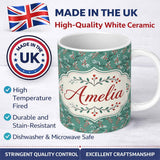 Personalized Custom Name Festive Green Background Red and White Berry Branches Pattern Lovely 11oz Ceramic Coffee Tea Mug White Large Handle