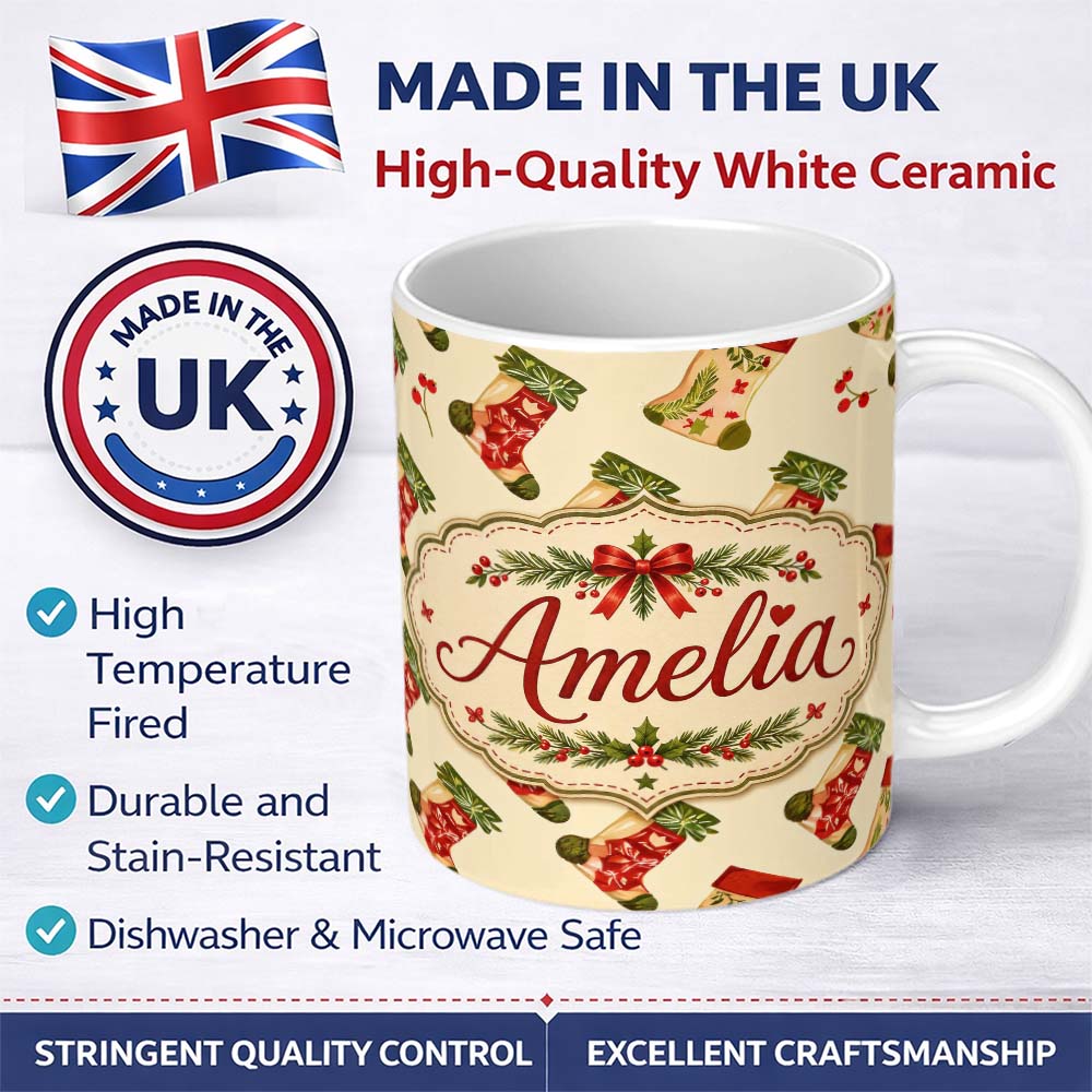 Personalized Custom Name Festive Christmas Stockings Holly Berries and Holiday Decor Seamless 11oz Ceramic Coffee Tea Mug White Large Handle