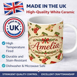 Personalized Custom Name Festive Christmas Stockings Holly Berries and Holiday Decor Seamless 11oz Ceramic Coffee Tea Mug White Large Handle