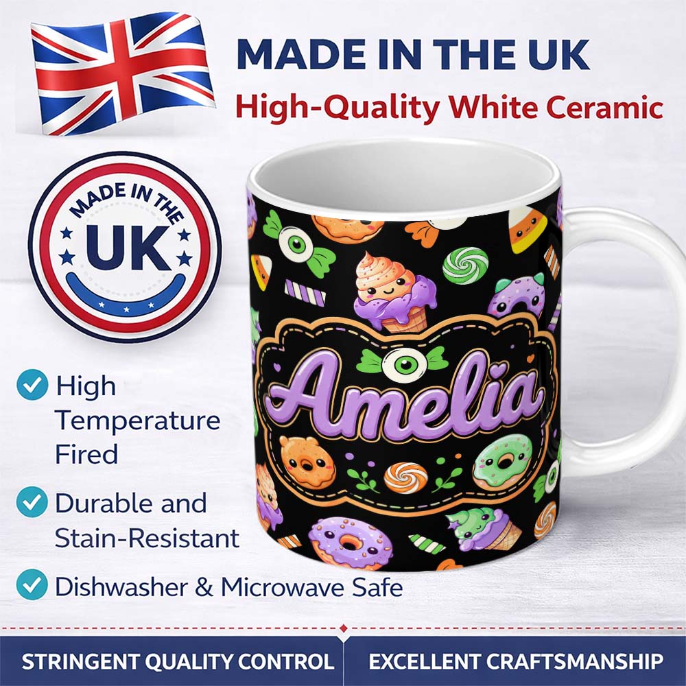Personalized Custom Name Cute Halloween Candy Donuts Ice Cream Kawaii Pattern Light Grey 11oz Ceramic Coffee Tea Mug White Large Handle