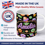 Personalized Custom Name Cute Halloween Candy Donuts Ice Cream Kawaii Pattern Light Grey 11oz Ceramic Coffee Tea Mug White Large Handle