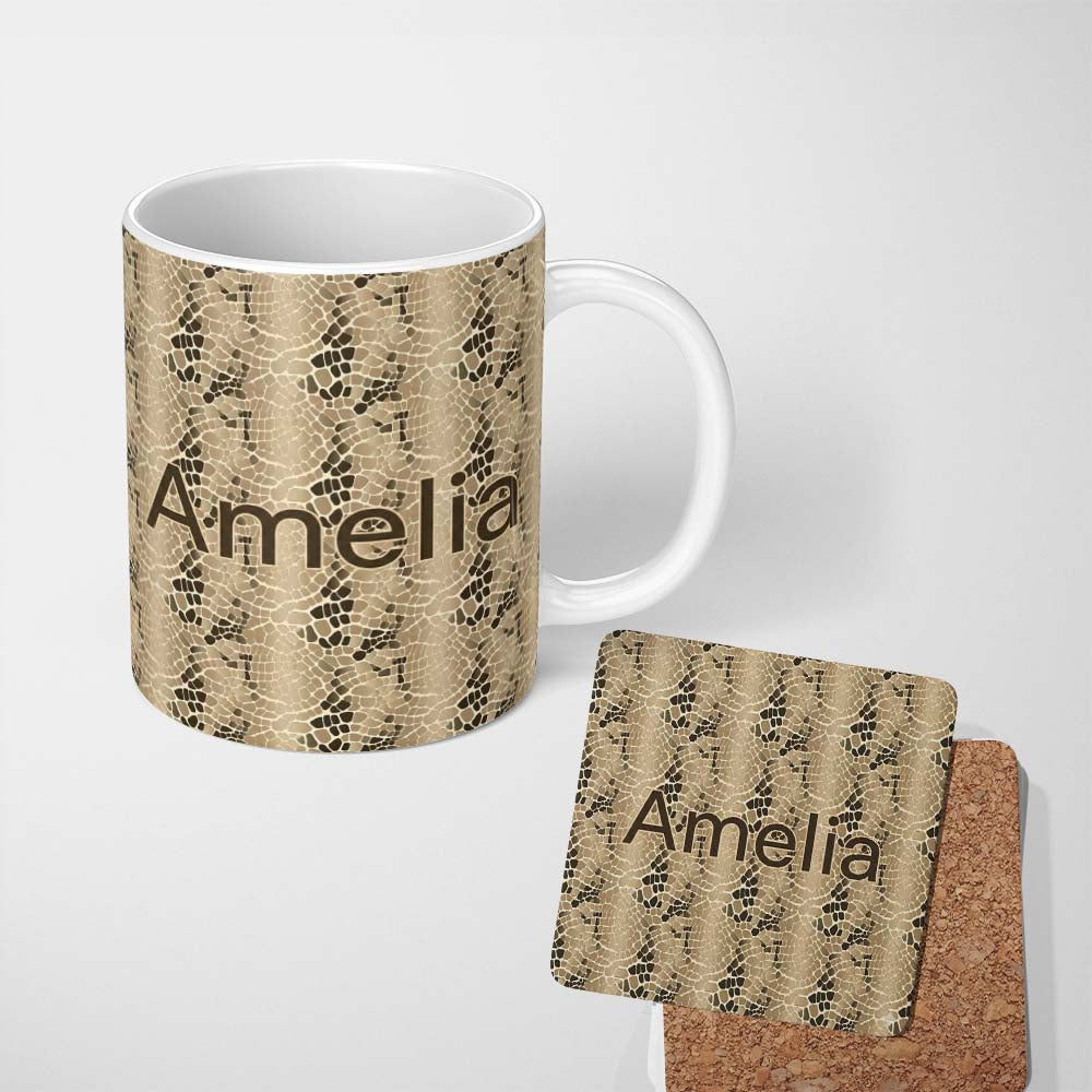 Personalized Custom Name Natural Sand Crocodile Texture Pattern Soft Neutral Design Lovely 11oz Ceramic Coffee Tea Mug White Large Handle