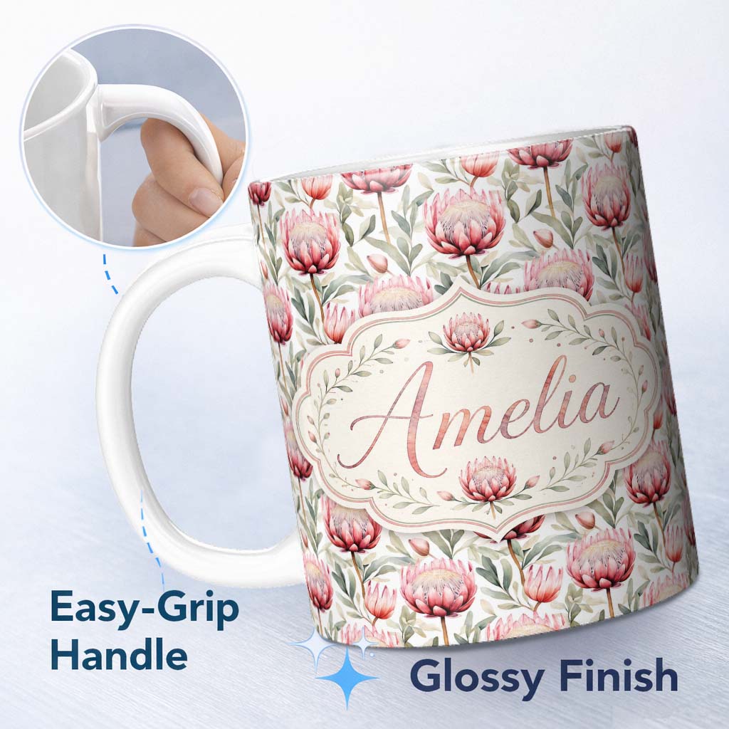 Personalized Custom Name Elegant Protea Floral Arrangement Seamless Pattern Cute Unique Gift 11oz Ceramic Coffee Tea Mug White Large Handle