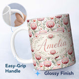 Personalized Custom Name Elegant Protea Floral Arrangement Seamless Pattern Cute Unique Gift 11oz Ceramic Coffee Tea Mug White Large Handle