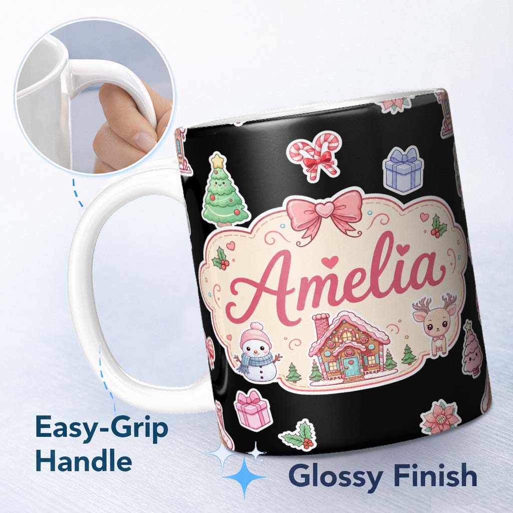 Personalized Custom Name Cute Christmas Festive Stickers Snowman Tree House Pattern Black 11oz Ceramic Coffee Tea Mug White Large Handle