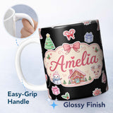 Personalized Custom Name Cute Christmas Festive Stickers Snowman Tree House Pattern Black 11oz Ceramic Coffee Tea Mug White Large Handle