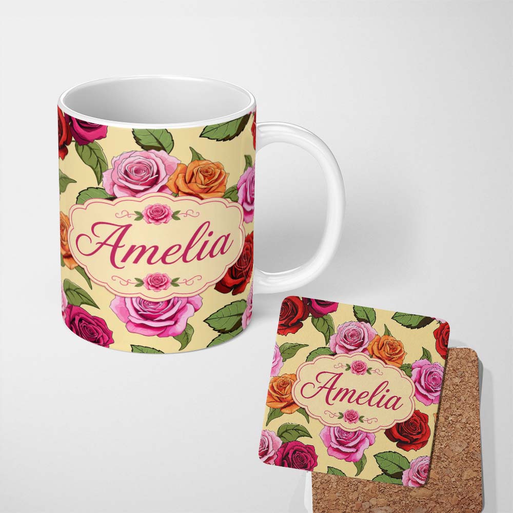 Personalized Custom Name Colorful Roses on Warm Beige Background Seamless Floral Pattern 11oz Ceramic Coffee Tea Mug White Large Handle