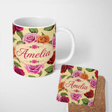 Personalized Custom Name Colorful Roses on Warm Beige Background Seamless Floral Pattern 11oz Ceramic Coffee Tea Mug White Large Handle