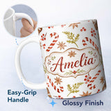 Personalized Custom Name Watercolor Christmas Candy Canes Gift Box Festive Holiday Design 11oz Ceramic Coffee Tea Mug White Large Handle