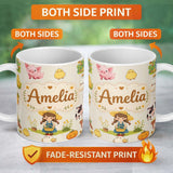 Personalized Custom Name Cute Farm Girl Animals Harvest Seamless Pattern Cream Background 11oz Ceramic Coffee Tea Mug White Large Handle
